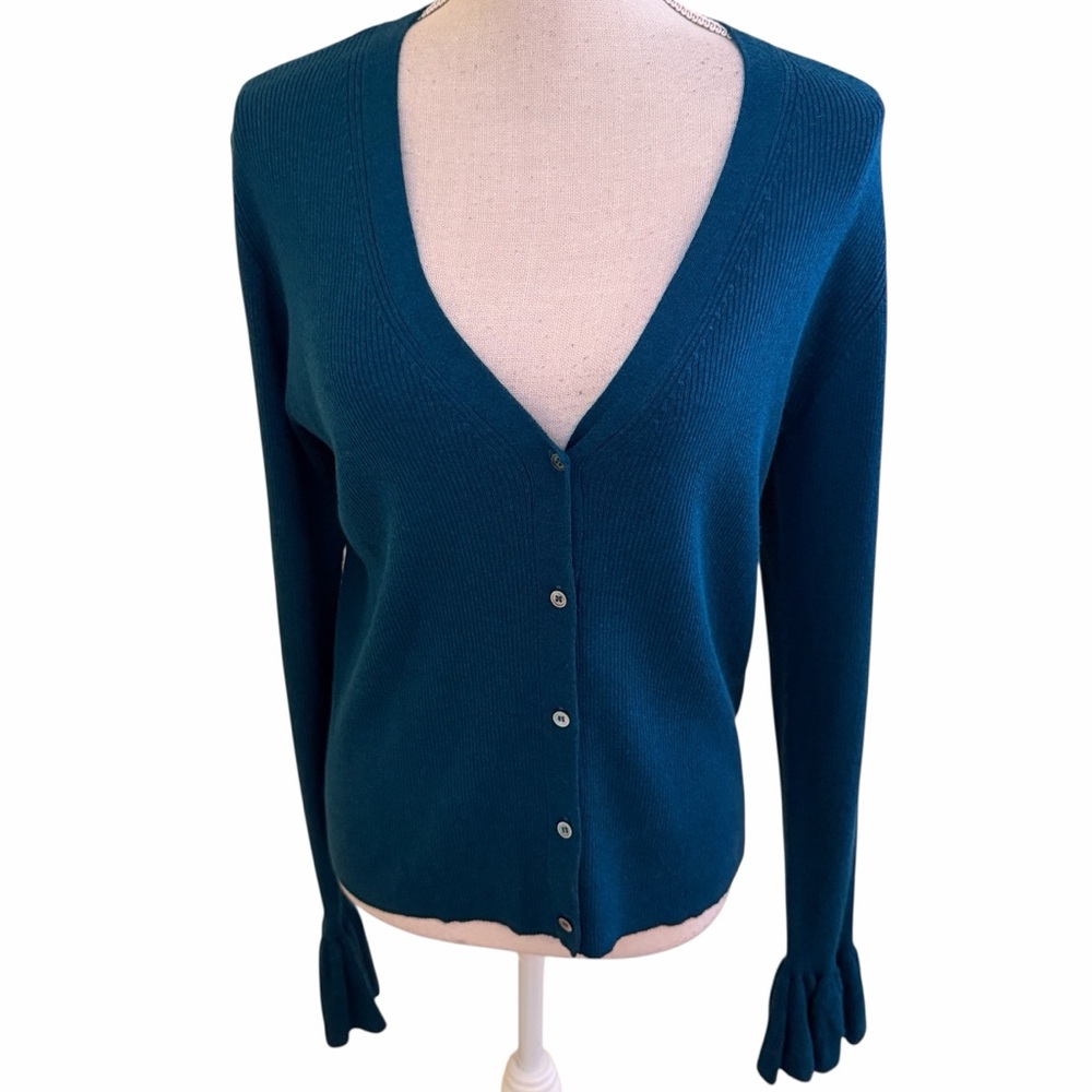 Charli Teal Cashmere/Silk V-Neck Button-Up Cardigan with Ruffle Sleeves